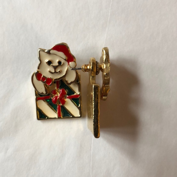 Vintage Christmas Holiday Earrings Cat Gift Box - Picture 5 of 5